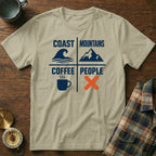 T-shirt with "Coast Mountains Coffee People" and icons for waves, mountains, and coffee.