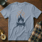Light blue t-shirt featuring a dark grey campfire graphic with orange flames.