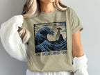 UFO above lighthouse with crashing waves, text "The Unexplained Tide".