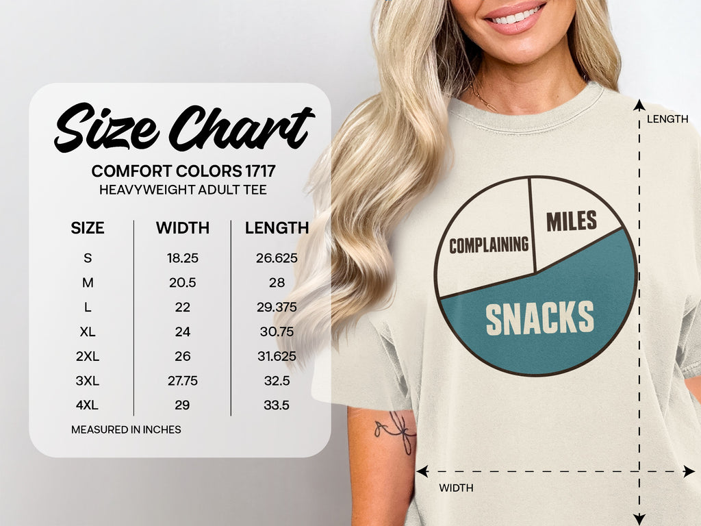 Size chart for Comfort Colors 1717 heavyweight adult tee, with width and length measurements.