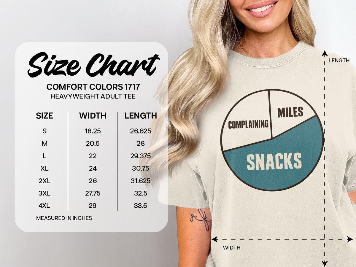 Size chart for Comfort Colors 1717 heavyweight adult tee, with width and length measurements.