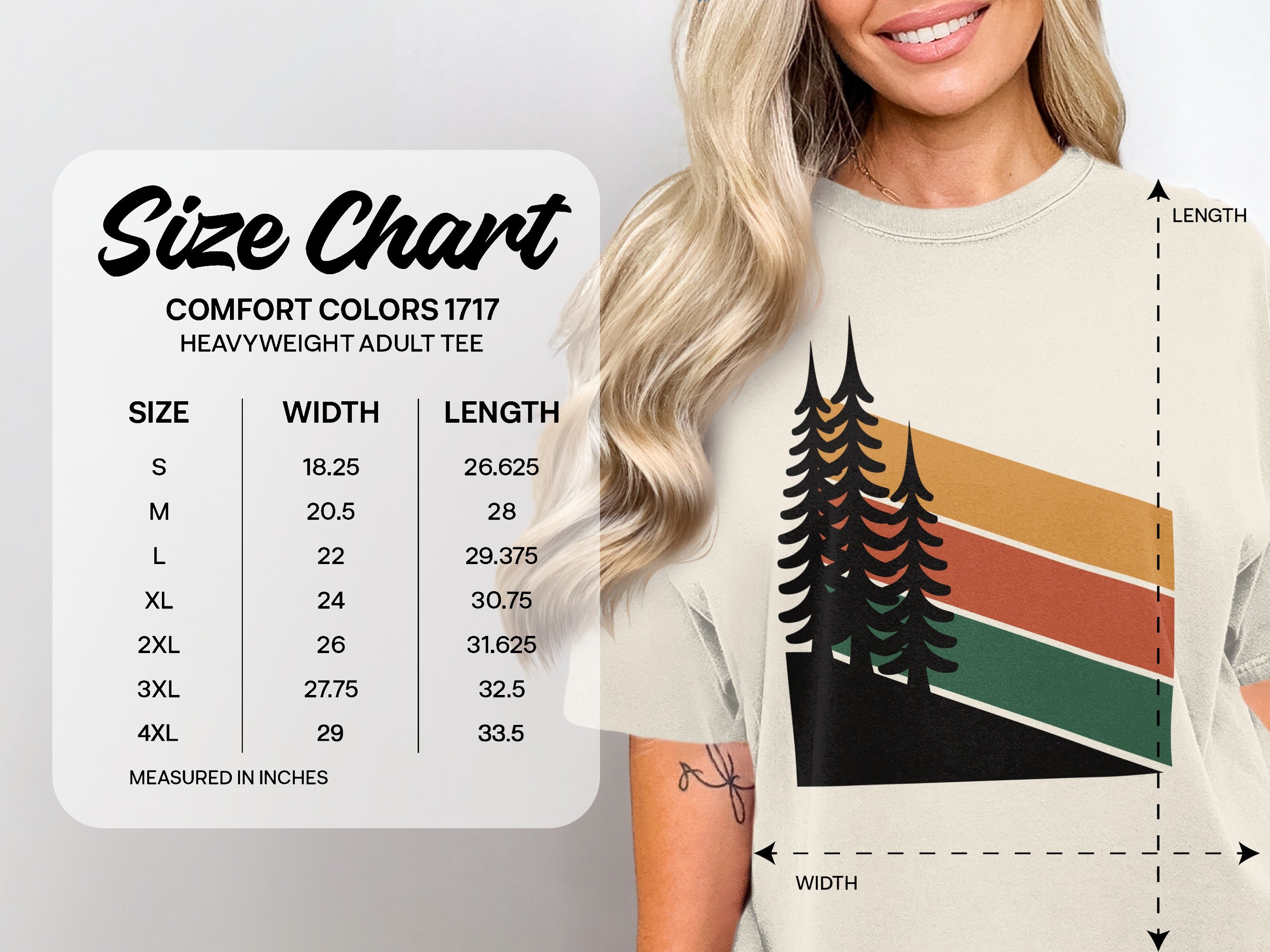 Comfort Colors 1717 heavyweight adult tee size chart in inches.