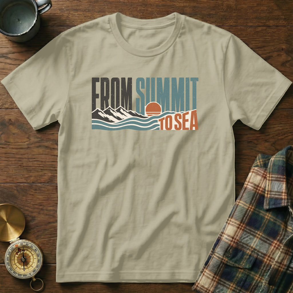 Tan t-shirt with "FROM SUMMIT TO SEA" graphic featuring mountains and water.