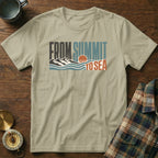 Tan t-shirt with "FROM SUMMIT TO SEA" graphic featuring mountains and water.