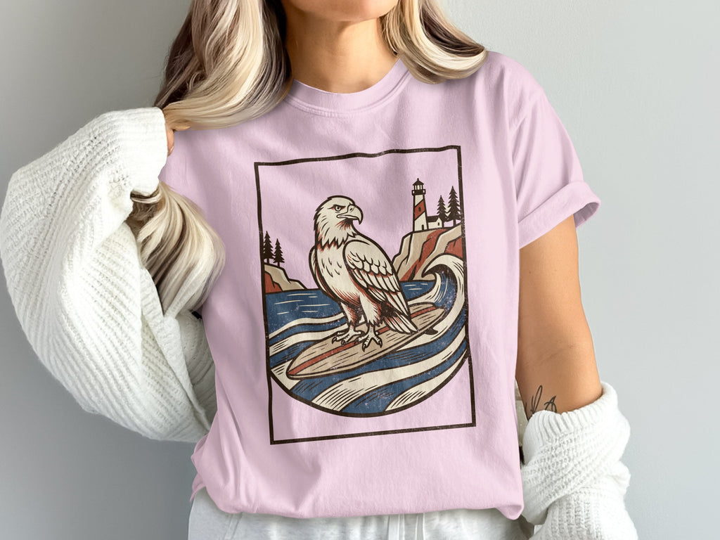 Eagle surfing on a wave with lighthouse on a cliff in the background.