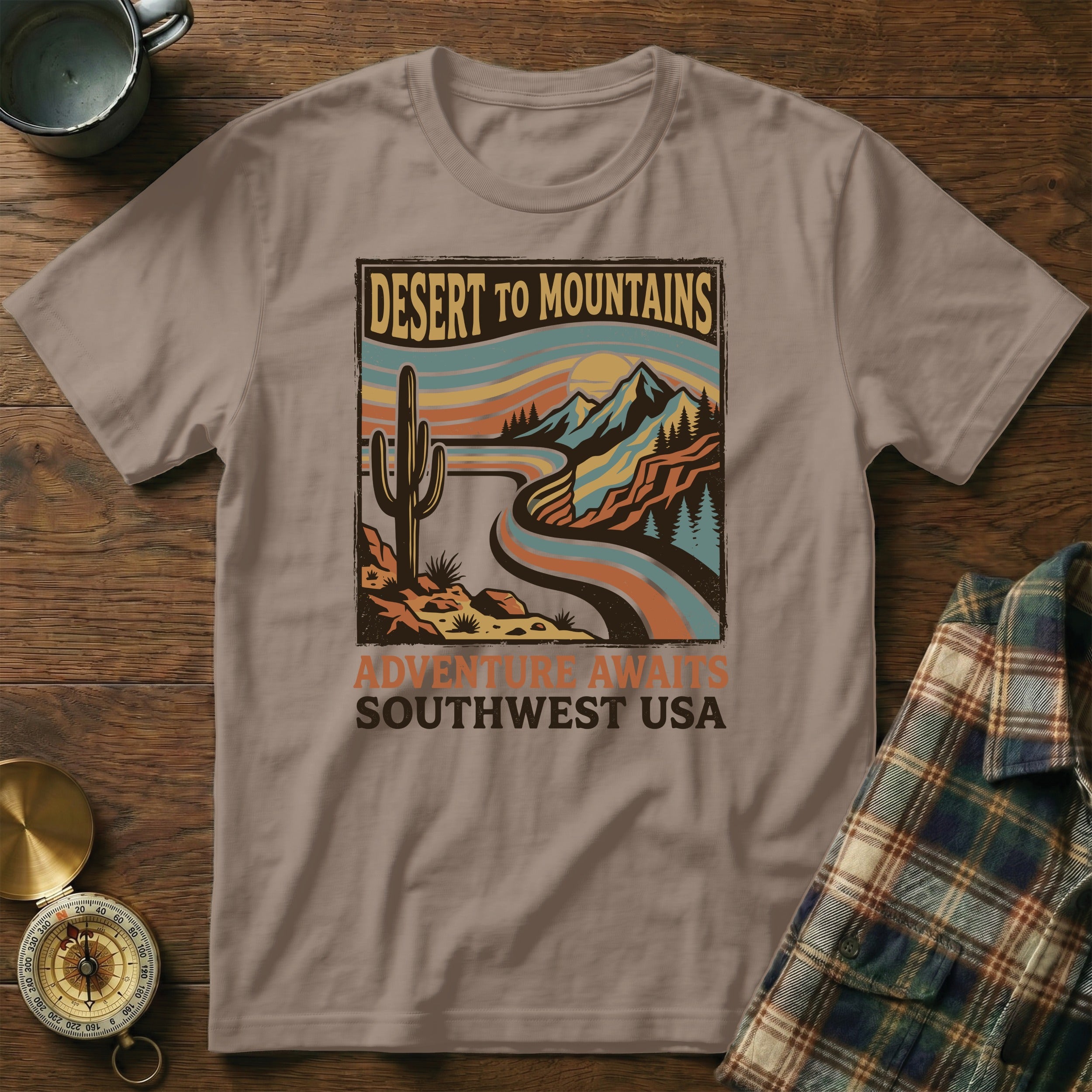 Desert to Mountains Southwest USA t-shirt with desert landscape and mountains.