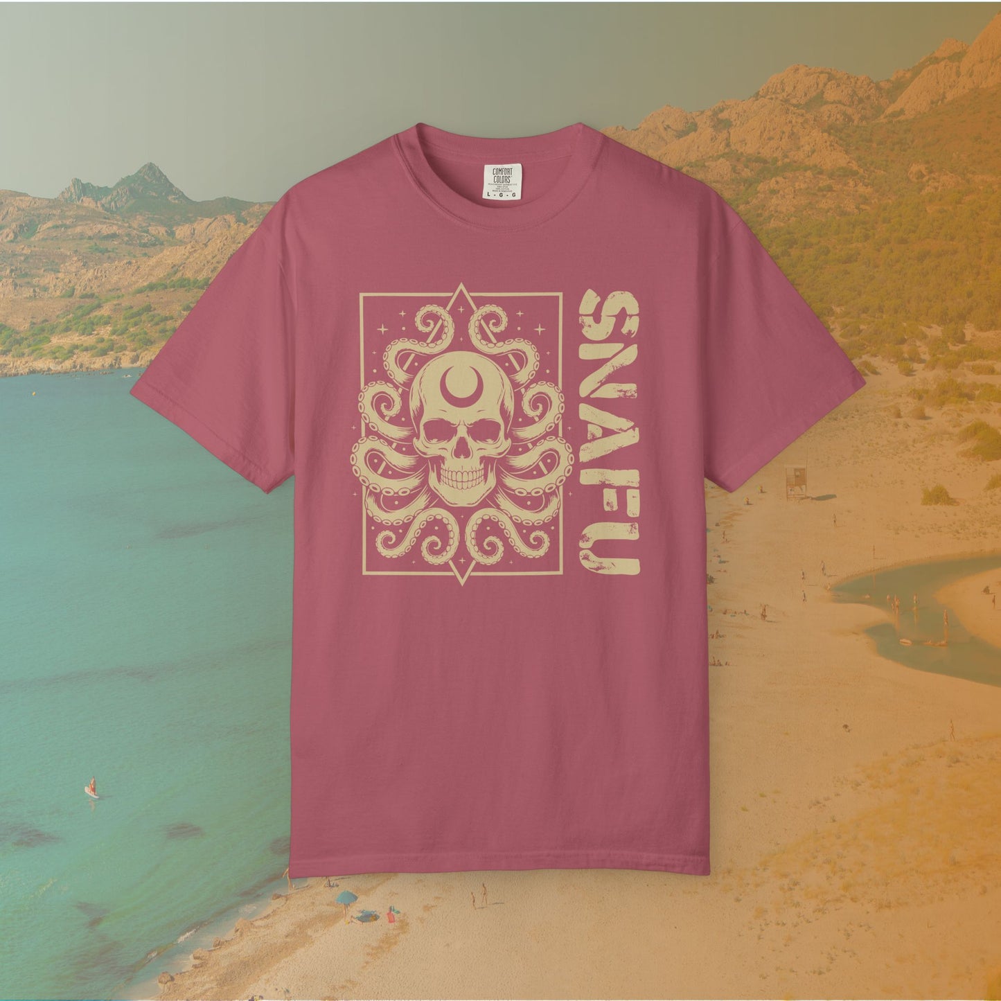 Maroon t-shirt with a graphic design and 'SNFU' text on a scenic background