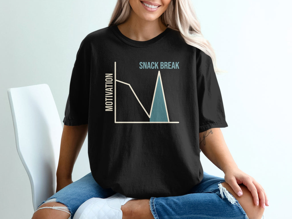 Black t-shirt with a graph showing decreasing motivation and a "Snack Break" peak.