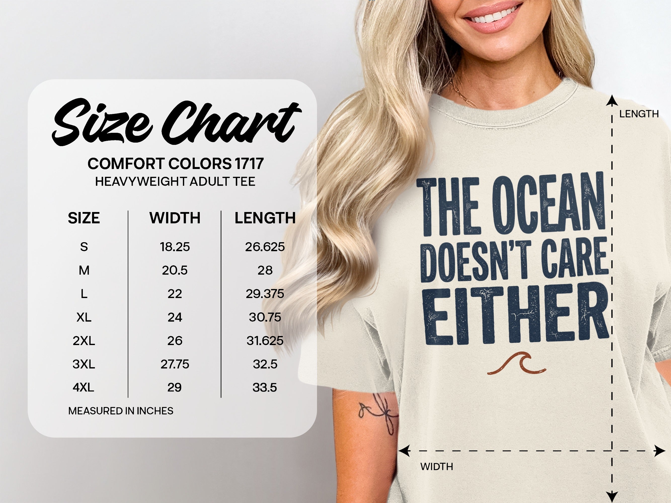 Comfort Colors 1717 heavyweight t-shirt size chart with text "The ocean doesn't care either".