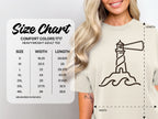 Comfort Colors 1717 adult tee size chart with lighthouse graphic.