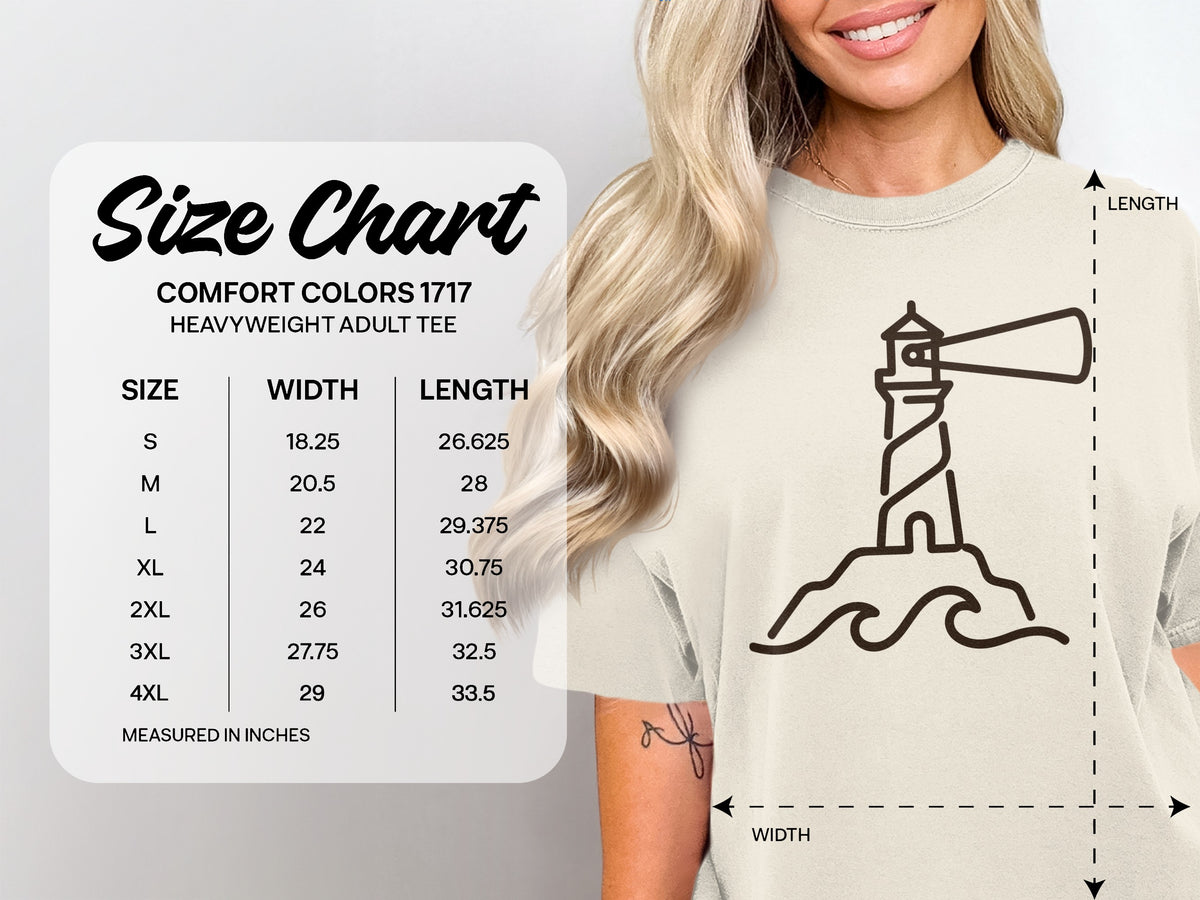 Comfort Colors 1717 adult tee size chart with lighthouse graphic.