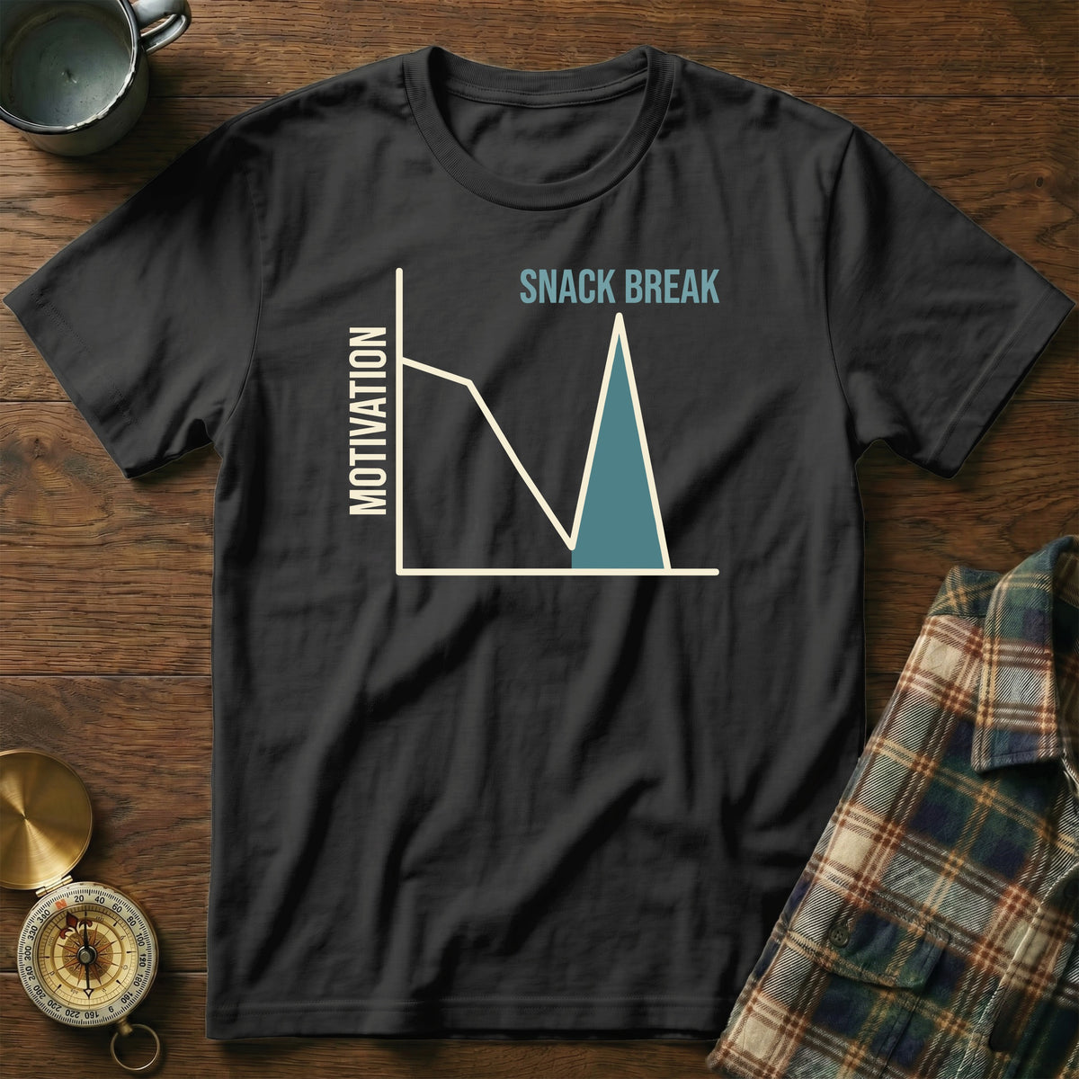 Black t-shirt with "Motivation Snack Break" graph graphic.