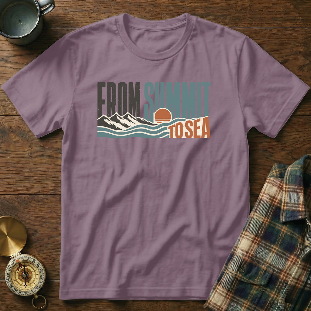 Purple t-shirt with "From Summit to Sea" graphic and mountain, wave, and sun design.
