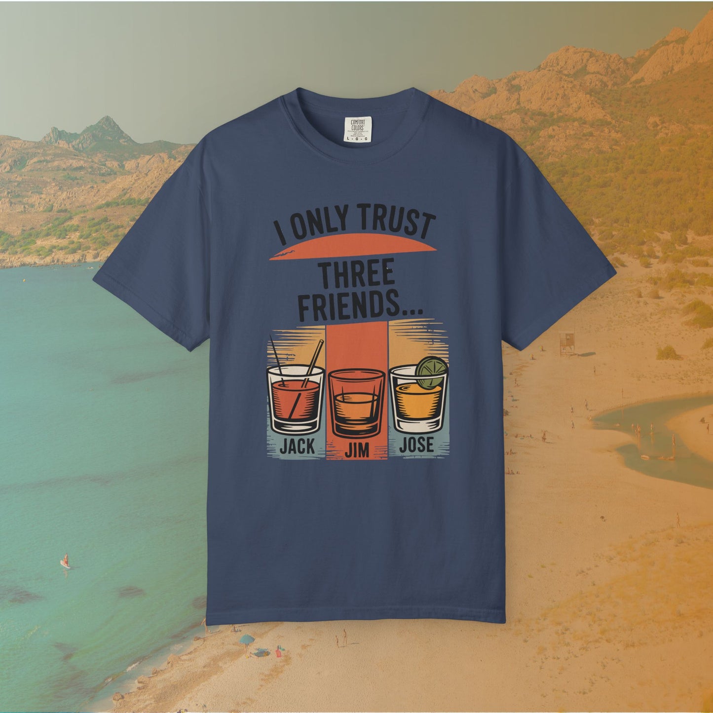 navy blue t-shirt Graphic T-shirt featuring three illustrated drinks on retro color panels labeled "JACK," "JIM," and "JOSE." The text above reads: "I ONLY TRUST THREE FRIENDS"