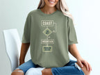 T-shirt with flowchart: Coast, Too Hot?, Yes, Mountain, Problem Solved, No