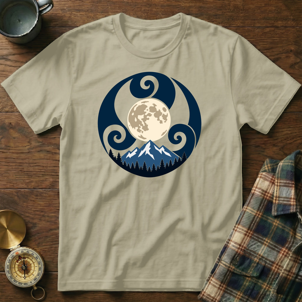 Tan t-shirt with circular moon, mountains, and swirling Celtic knot design.