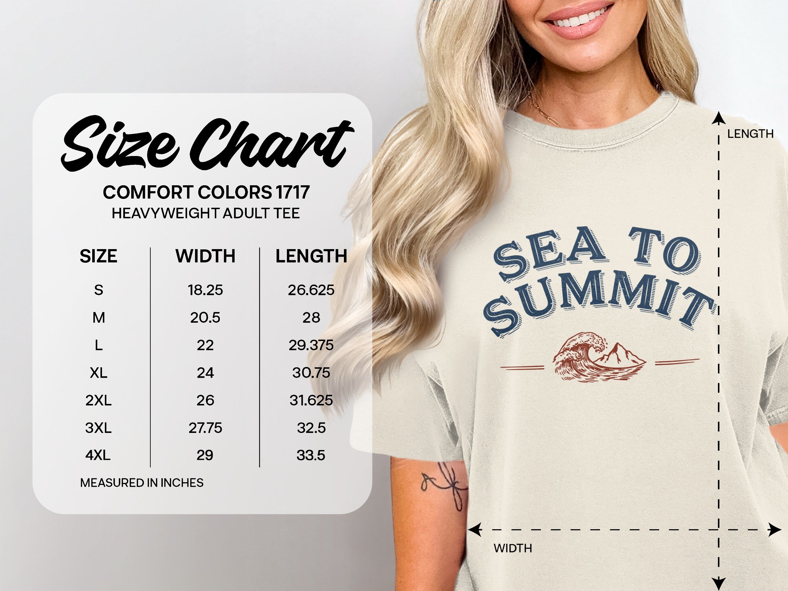 Comfort Colors 1717 heavyweight adult tee size chart with width and length.