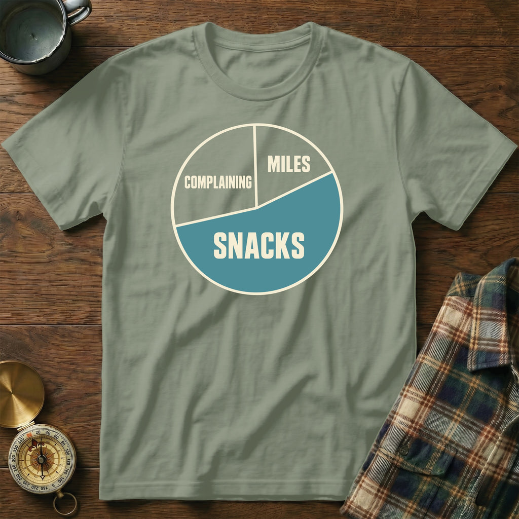 Green t-shirt with a pie chart graphic labeled "Complaining," "Miles," and "Snacks."
