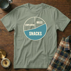 Green t-shirt with a pie chart graphic labeled "Complaining," "Miles," and "Snacks."