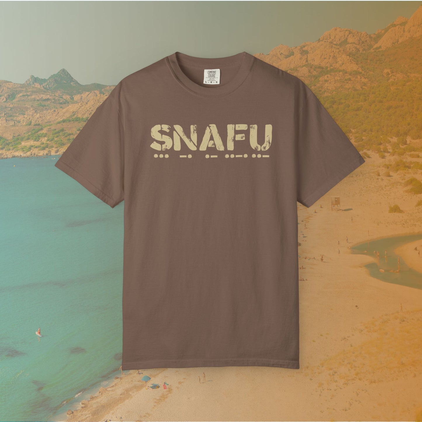 brown Graphic T-shirt featuring the large, distressed stencil text "SNAFU" with the Morse code translation of the word printed directly beneath it.