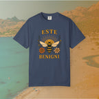 navy blue t-shirt Vintage-style graphic tee featuring a large, central honey bee with sunburst wings, flanked by retro flowers. The Latin words "ESTE BENIGNI" for "BEE KIND" are printed above and below the design.