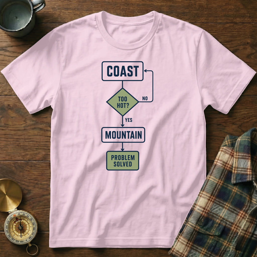 Pink t-shirt with flowchart: Coast, Too Hot? Yes/No, Mountain, Problem Solved.