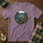 Purple t-shirt with a circular beach scene design featuring a starfish.