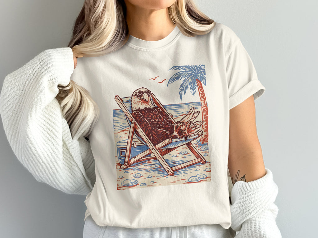 Eagle in sunglasses relaxing in a beach chair with palm tree.
