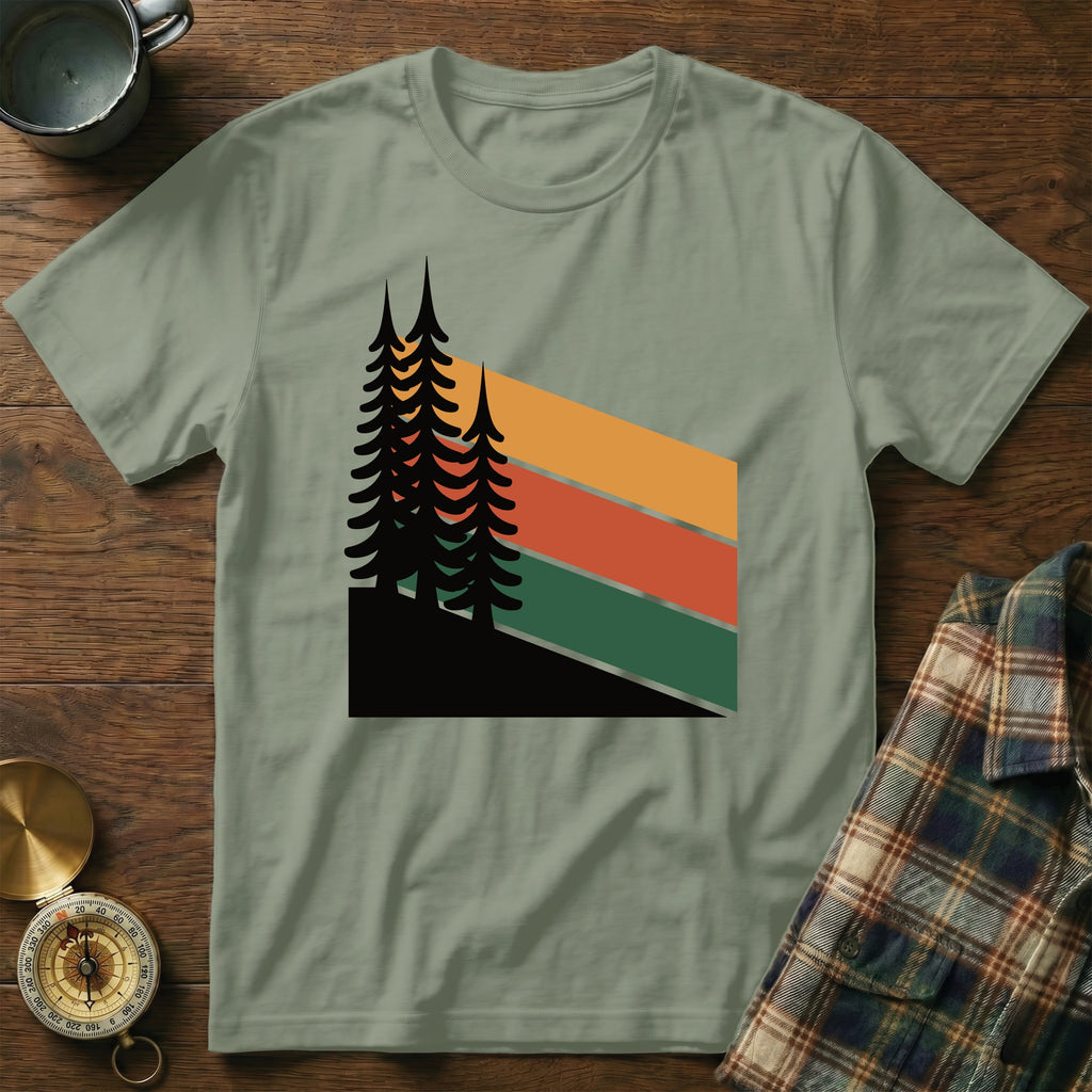 Silhouetted pine trees on a background of retro stripes.