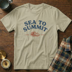Tan t-shirt with "Sea to Summit" text, mountain, and wave graphics.