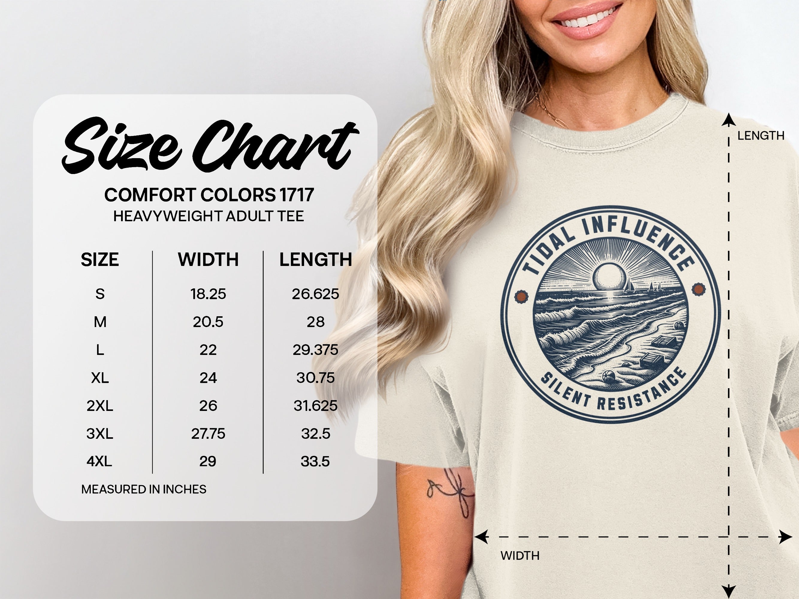 Comfort Colors 1717 heavyweight adult tee size chart with measurements.