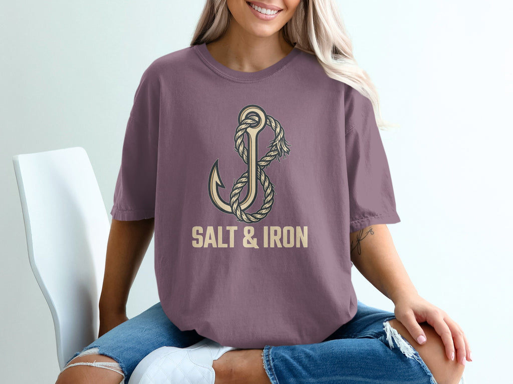 T-shirt with anchor and rope graphic, text "SALT & IRON".