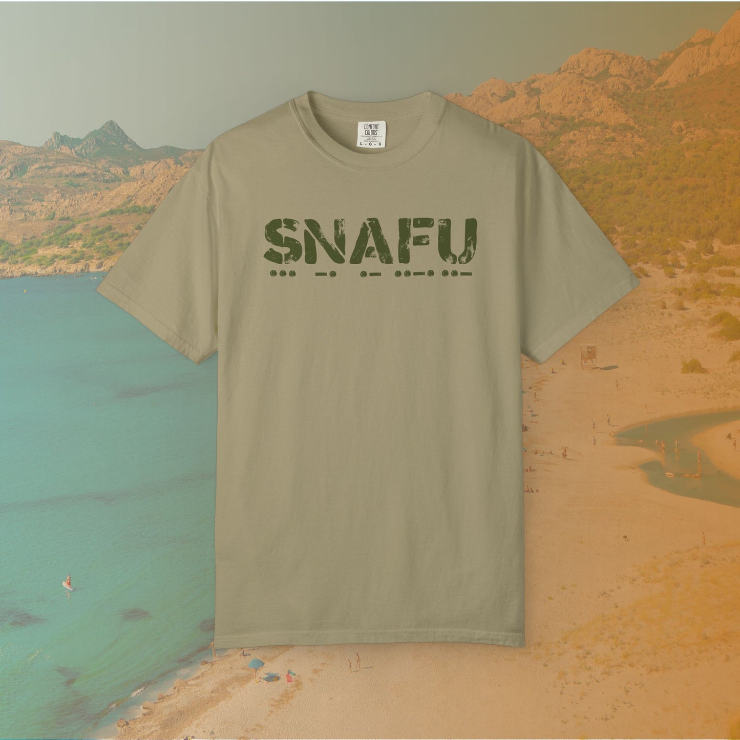 khaki Graphic T-shirt featuring the large, distressed stencil text "SNAFU" with the Morse code translation of the word printed directly beneath it.