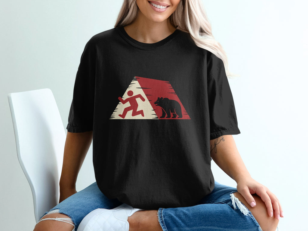 Black t-shirt with red and beige graphic of a runner and a bear.