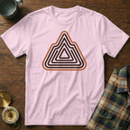 Pink t-shirt with a geometric mountain outline graphic in brown and black.