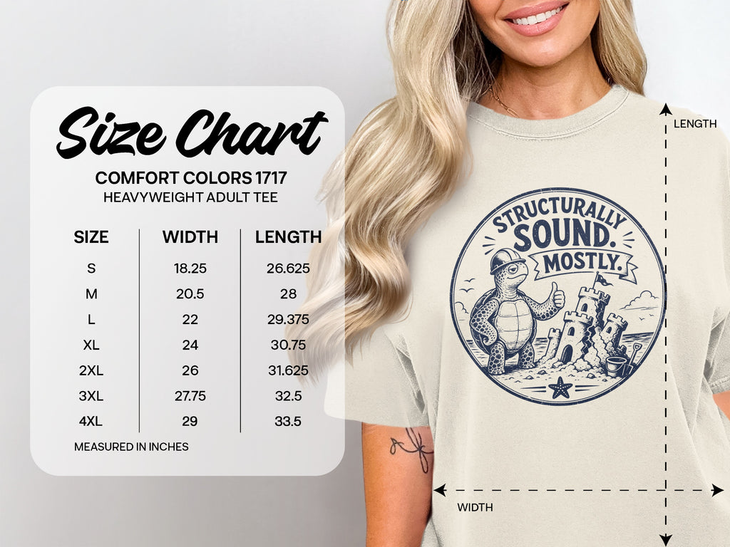 Comfort Colors 1717 heavyweight adult tee size chart with width and length measurements in inches.