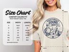 Comfort Colors 1717 heavyweight adult tee size chart with width and length measurements in inches.