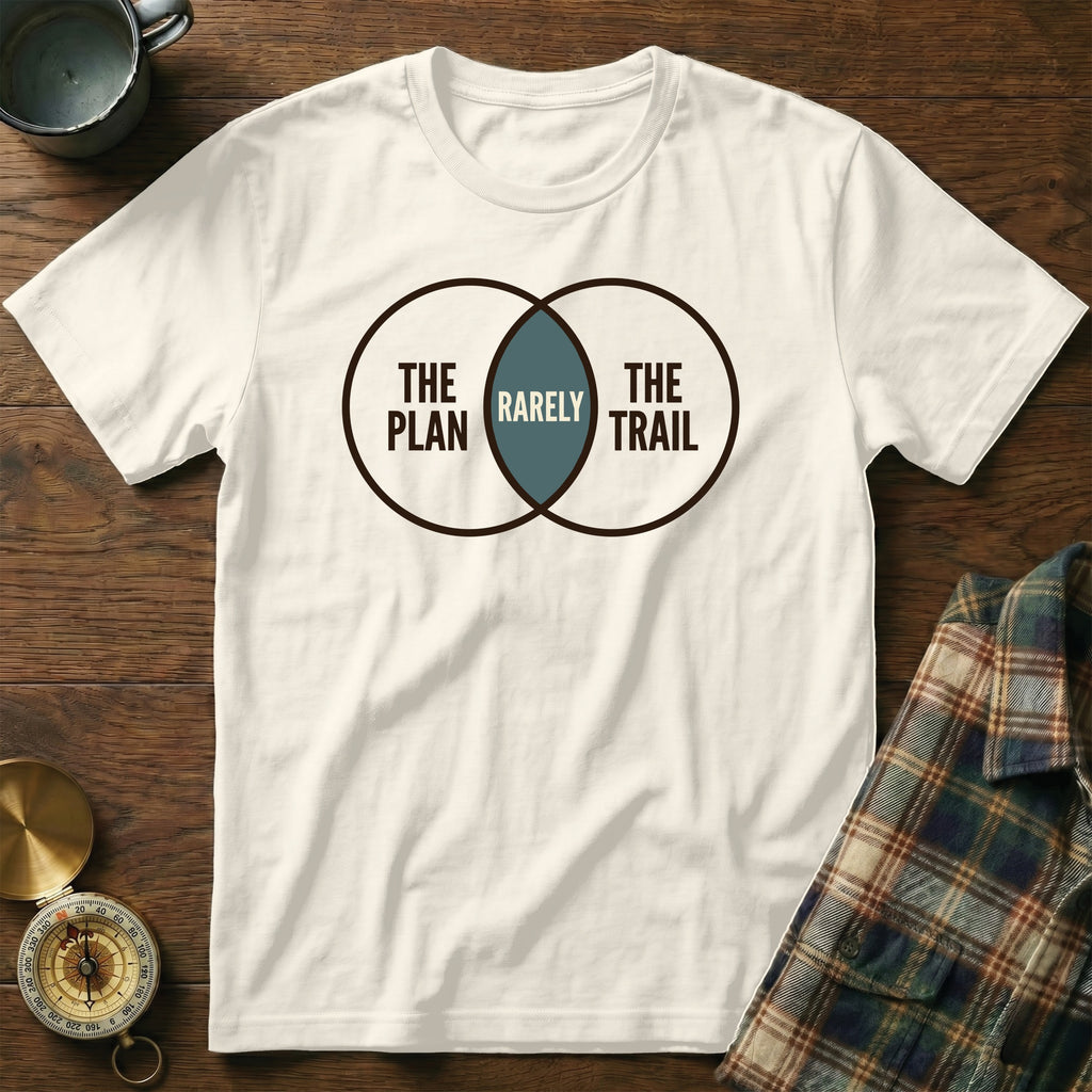 White t-shirt with a Venn diagram showing "The Plan" and "The Trail" overlapping with "Rarely".