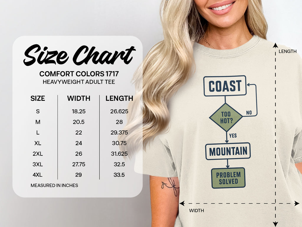 Comfort Colors 1717 adult tee size chart with width and length measurements in inches.