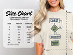 Comfort Colors 1717 adult tee size chart with width and length measurements in inches.