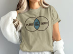 Tan t-shirt with a Venn diagram showing "PLANS" and "ENERGY" with "NOT TODAY" in the intersection.