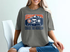 T-shirt graphic featuring a cassette tape with mountains, sun, and trees. "CHASE THE HORIZON" text.