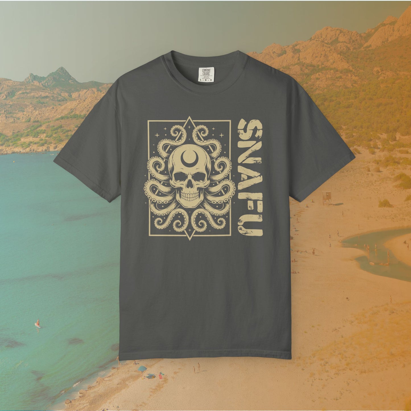 grey Graphic T-shirt featuring a detailed skull with a crescent moon on its forehead and octopus tentacles emerging from it, next to the large, distressed text "SNAFU."