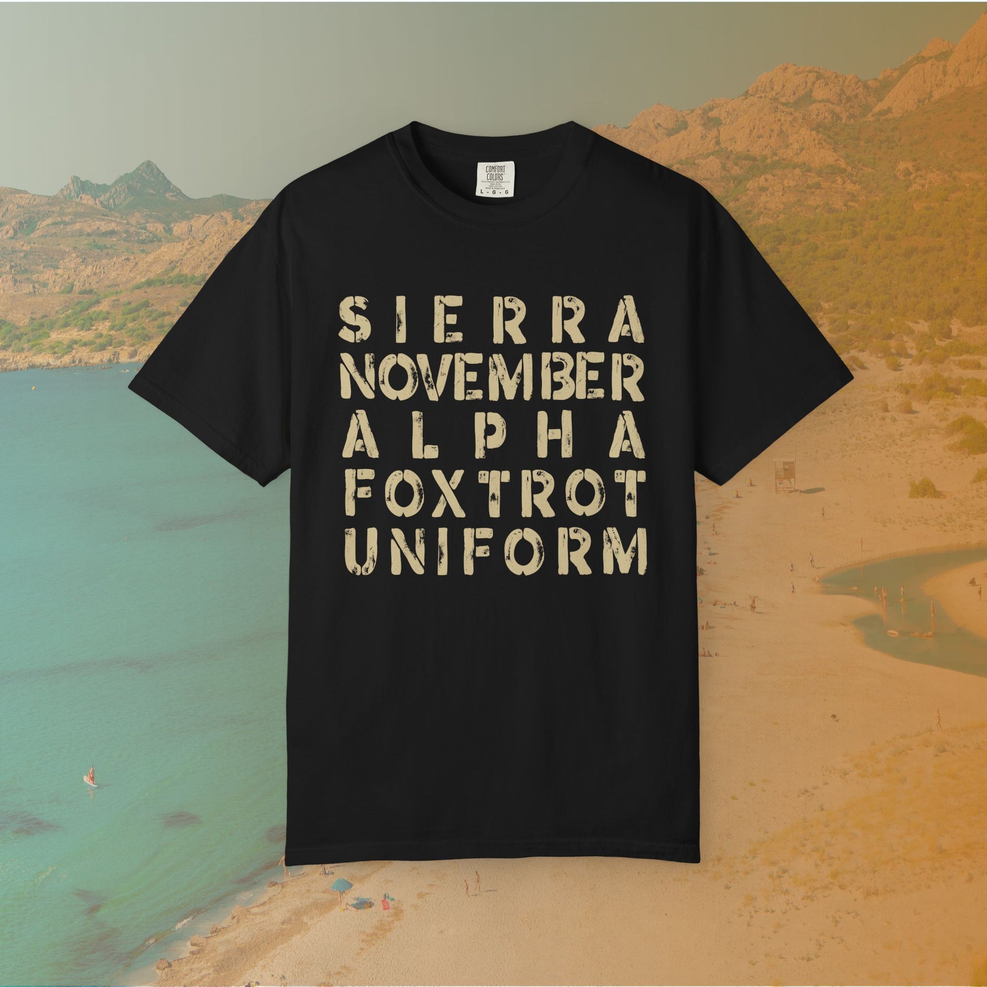 Black t-shirt Graphic T-shirt featuring the NATO phonetic alphabet words "SIERRA NOVEMBER ALPHA FOXTROT UNIFORM" in a large, distressed stencil font.