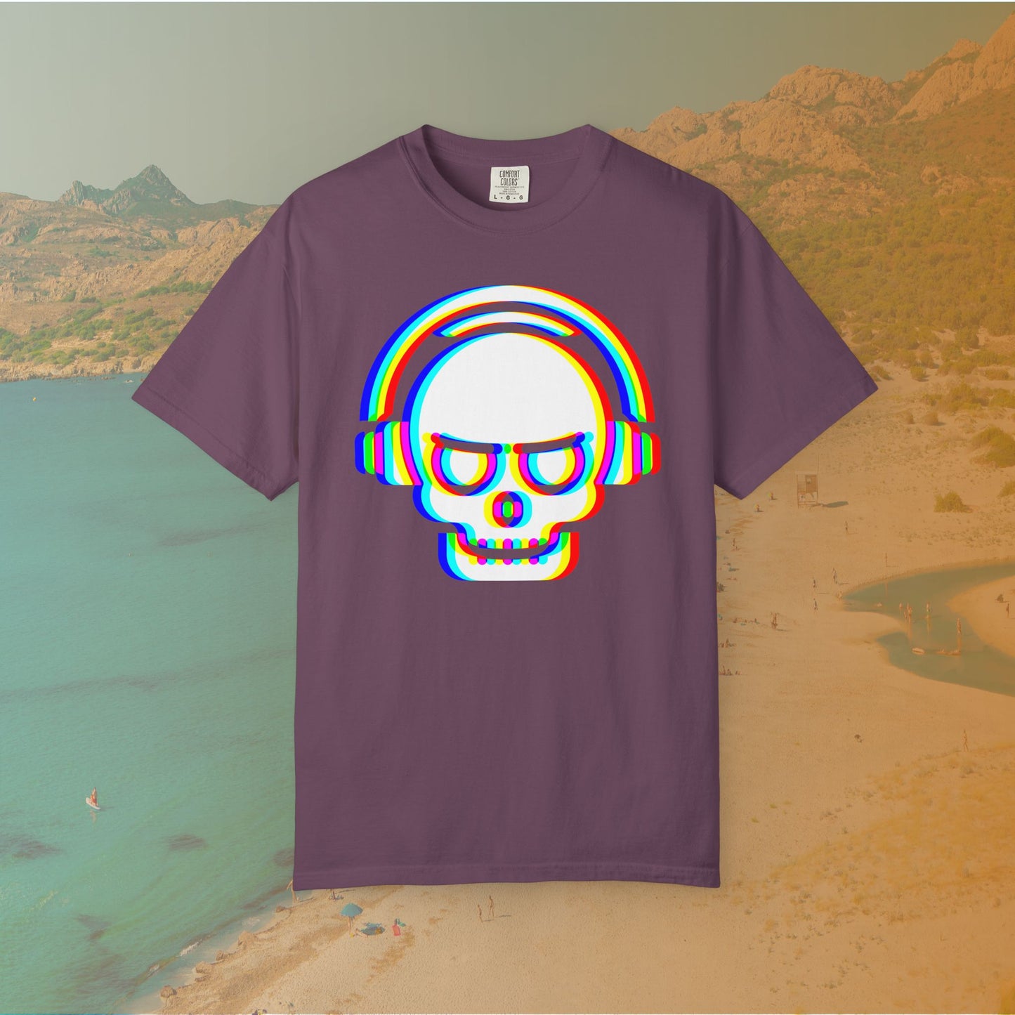 purple t-shirt with White EDM DJ skull graphic wearing headphones, rendered with an intense red, blue, and yellow (RGB) chromatic aberration or glitch effect 