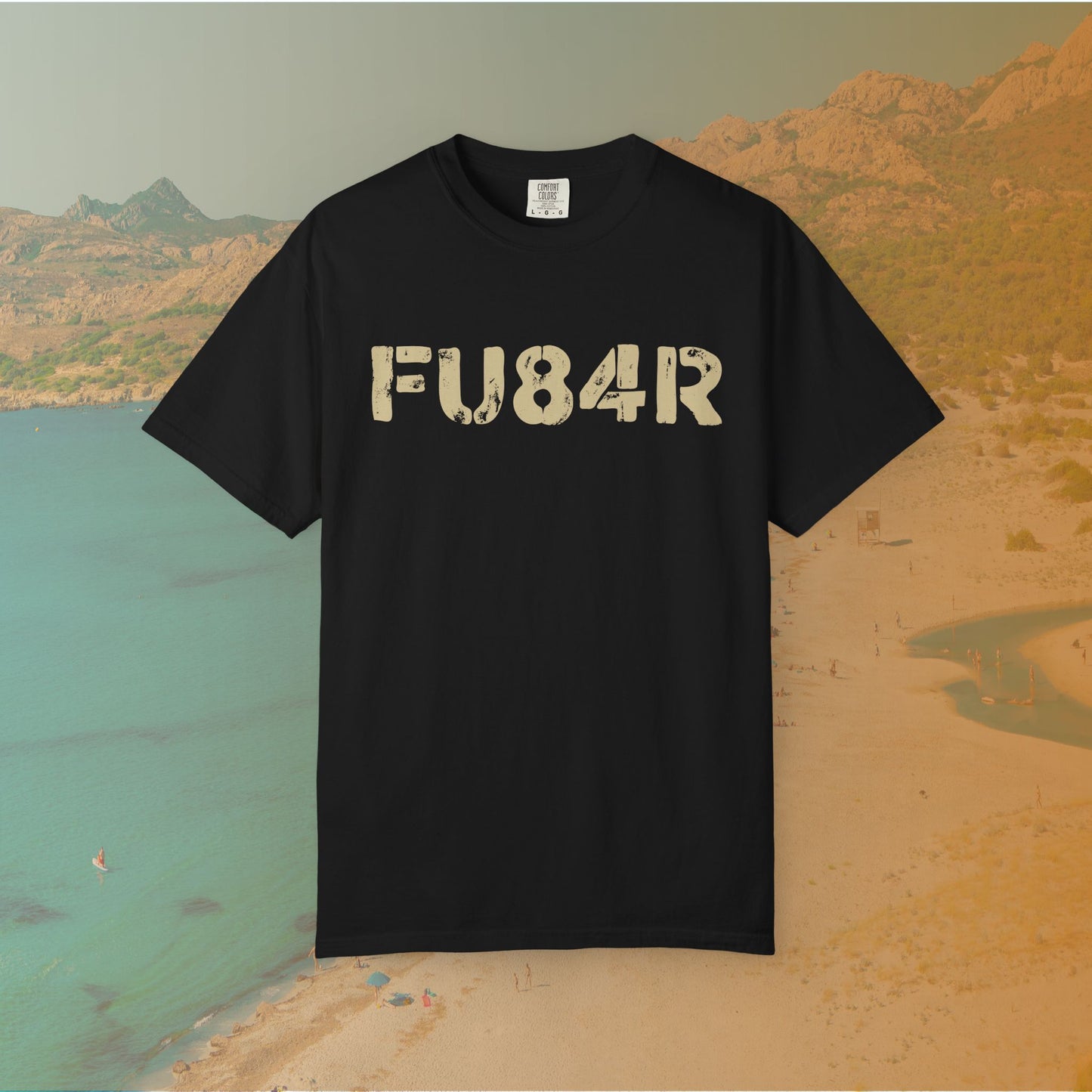 black t-shirt Graphic T-shirt featuring the large, distressed, military-style stencil text "FU84R" (a numeric replacement for FUBAR)