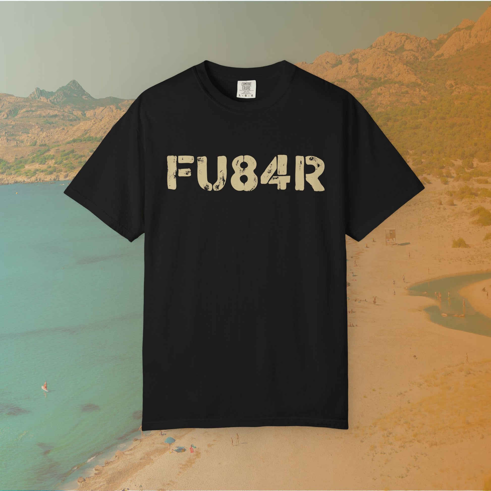 black t-shirt Graphic T-shirt featuring the large, distressed, military-style stencil text "FU84R" (a numeric replacement for FUBAR)