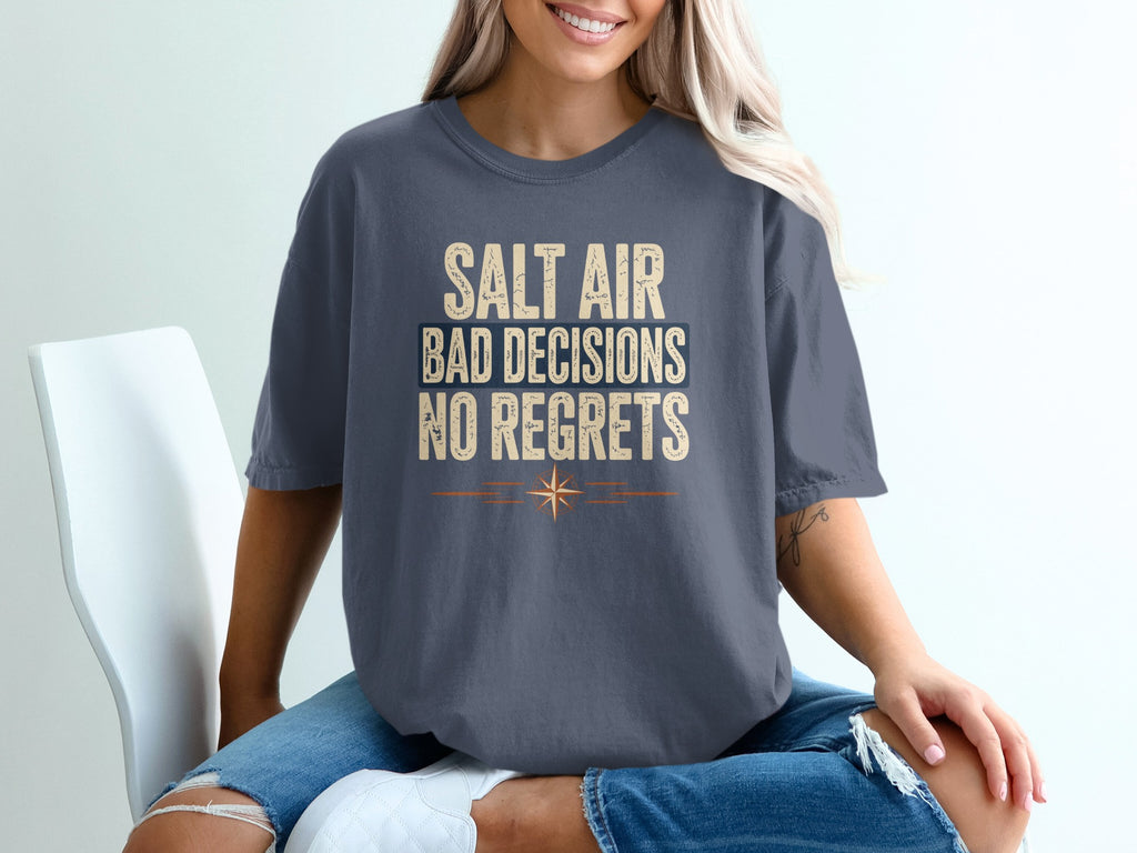 Dark grey t-shirt with text "SALT AIR BAD DECISIONS NO REGRETS".