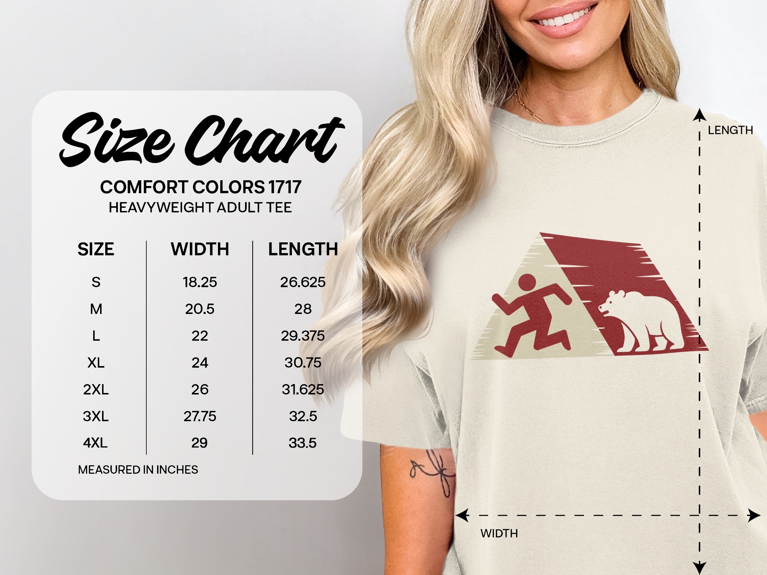 Comfort Colors heavyweight adult tee size chart with measurements in inches.