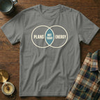 Gray t-shirt with Venn diagram graphic reading "Plans," "Not Today," and "Energy."